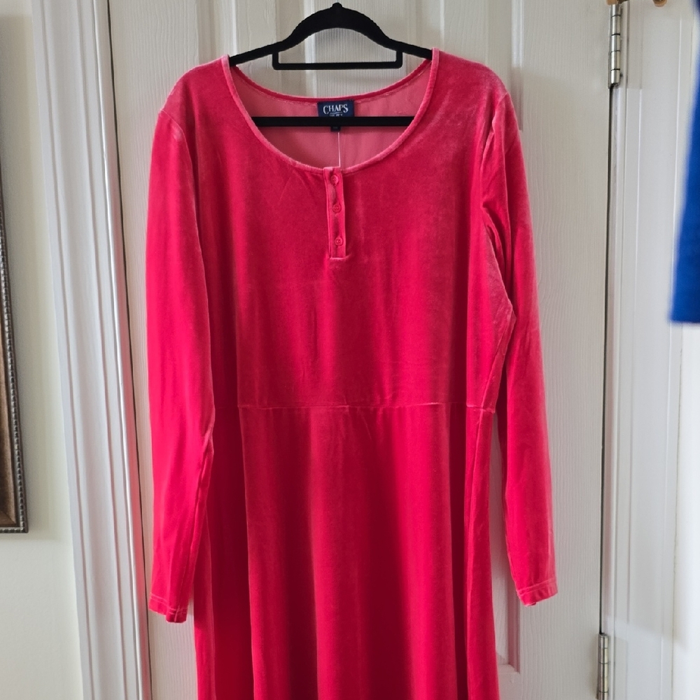 CHAPS BRAND "CRIMSON" PINK LONG SLEEVES VELVETEEN DRESS SIZE XL